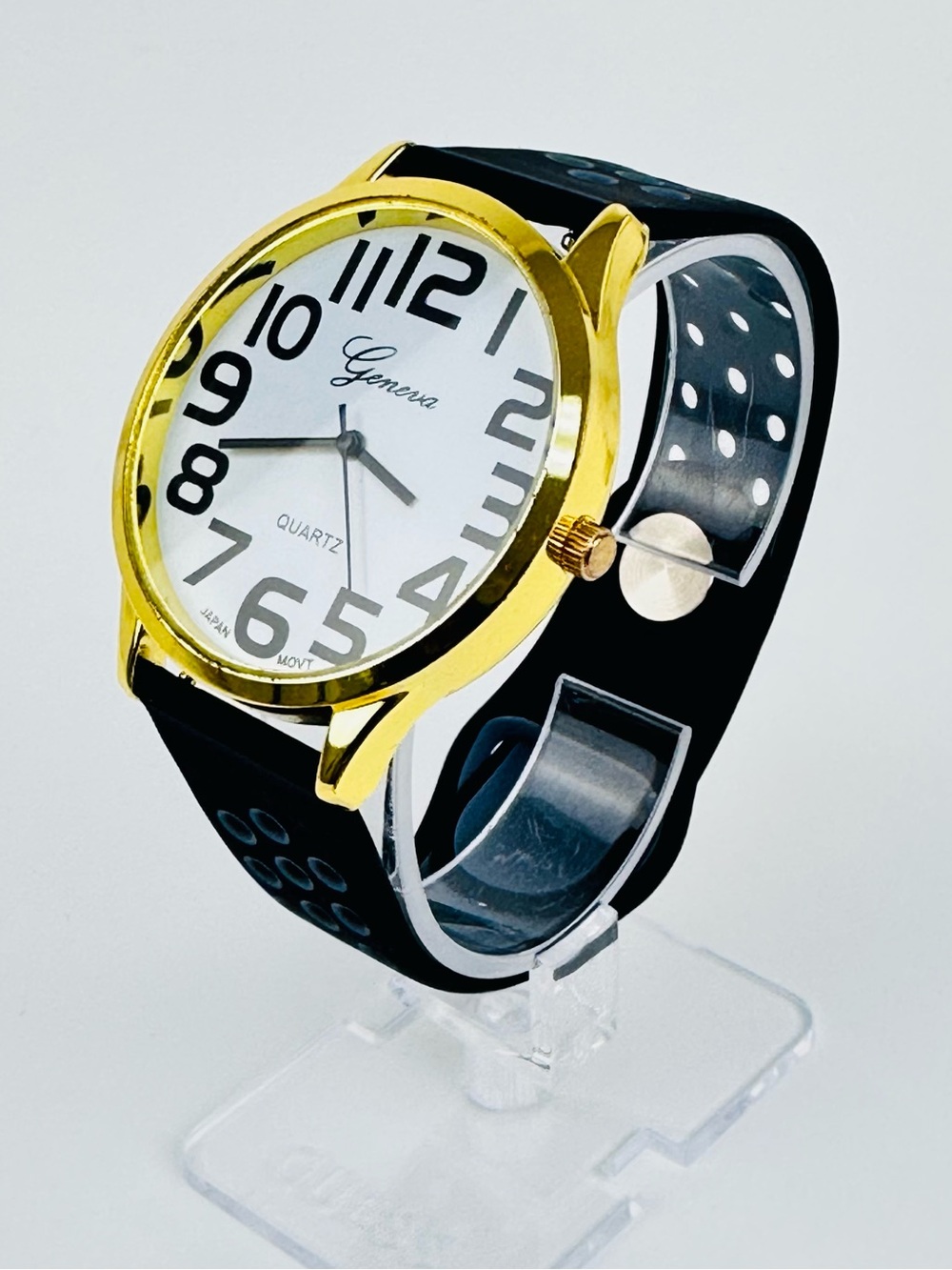 Geneva Large Gold Case with Black Perforated Silicone Sport Strap Watch